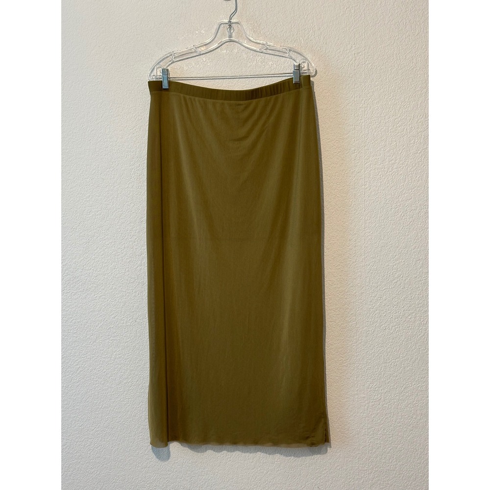 Open Edit Olive Green Brown Mesh Midi Skirt XL Flat Elastic Waist 34x36
